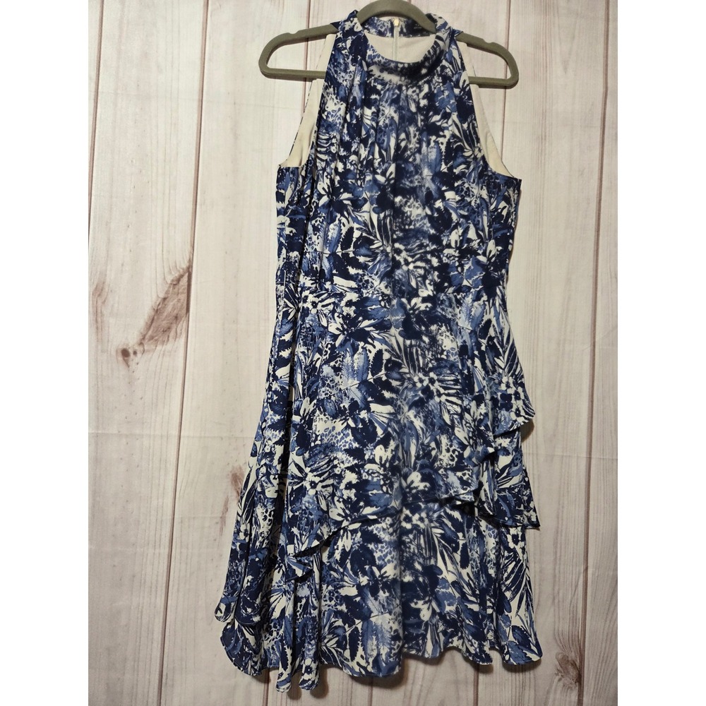 Tahari Arthur S Levine Floral Chiffon‎ Halter Dress Blue White Ruffle Tiered 14